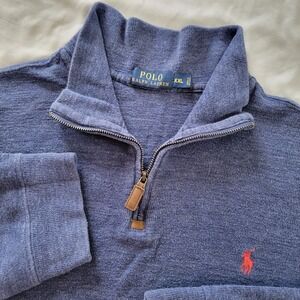 Polo Ralph Lauren 1/4 Zip Sweater Mens XL Blue Cotton Long Sleeve Red Pony Logo‎